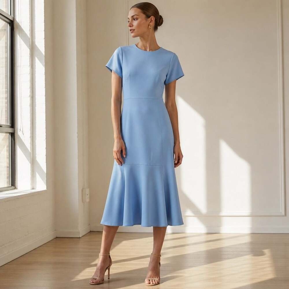 Shoshanna Light Blue Short Sleeve Round Neck Fishtail Midi Dress Size 4